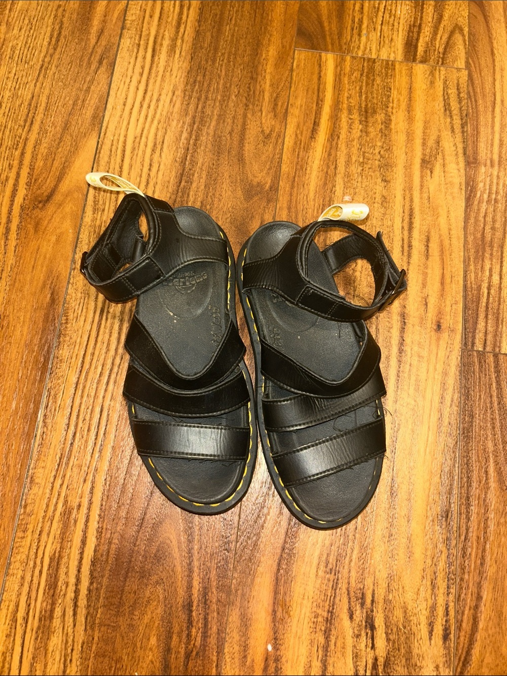 Black Leather Sandals with Yellow Stitching - Dr. Martens Style